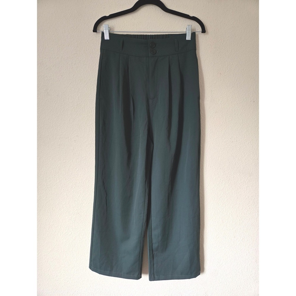 Halara Women S Flex Wide Leg Trousers Dark Green Pleated High Rise Elastic Back - Picture 2 of 9